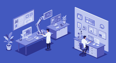 Isometric ai research lab with scientists and robotic arm in modern workspace