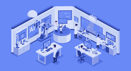 Fototapeta premium Isometric laboratory with scientists and advanced ai technology in futuristic lab