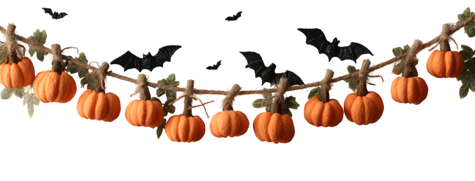 Horizontal garland of mini pumpkins tied with rope, bats circling above, isolated on white