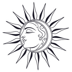 Stylized sun face with rays and swirls in black and white line art