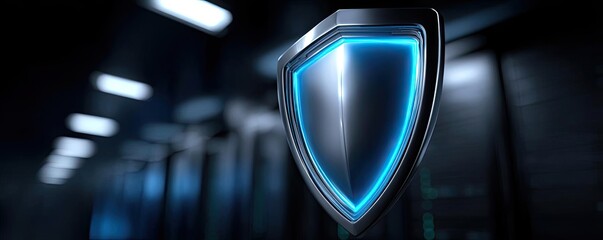 Cyber security and data protection strategy concept. Futuristic shield icon with blue light in a tech environment.