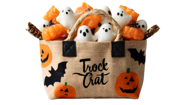 Trick-or-treat candy bag decorated with ghosts and bats, isolated on white background