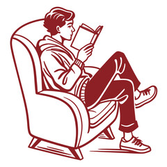 Young man wearing a hoodie and jeans sitting comfortably in an armchair reading a book