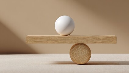 A white sphere balanced on a wooden seesaw over a light beige surface