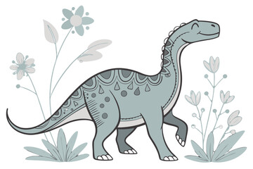 Fototapeta premium Smiling bluegreen cartoon sauropod dinosaur with intricate decorative patterns and a long neck.