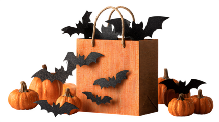 Trick-or-treat themed gift bag with bat decorations, isolated on white background