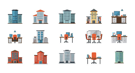Modern office and building icons set featuring various architectural styles