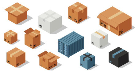 Fototapeta premium Various boxes and shipping container with isometric design for efficient logistics