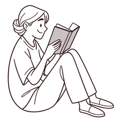 Young woman sitting cross legged on a white background reading a book with a smile