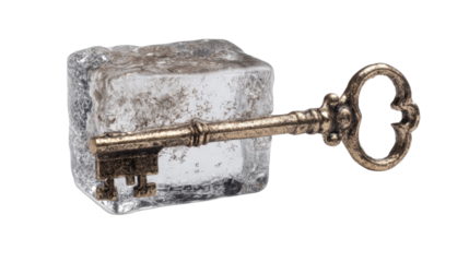 Vintage Metal Key Frozen Inside Ice Block on white Background