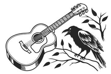 Naklejka premium Stylized Acoustic Guitar and Cawing Crow Perched on a Leafy Branch Black and White Illustration.