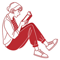 Young woman sitting on the floor reading a book with a casual and relaxed pose