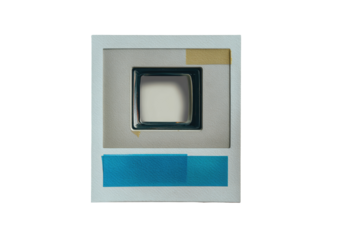 Square, framed image with a centered, blank screen