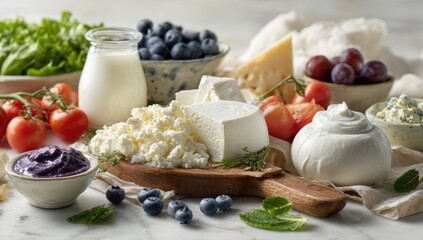 Assorted dairy and fresh produce on a marble surface