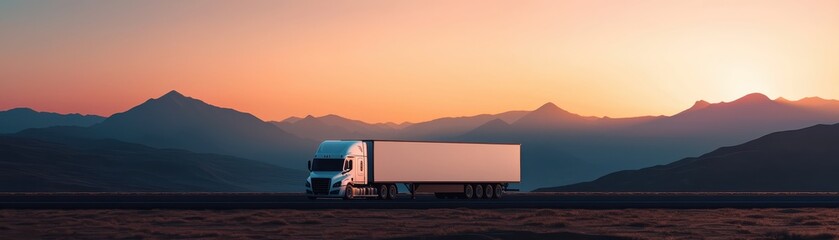 A large truck driving across a scenic landscape at sunset with mountains in the background.