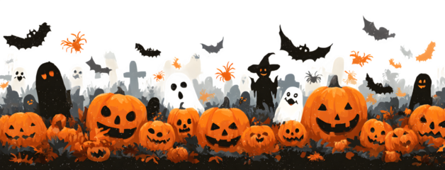 Wide banner of jack-o-lantern scarecrows, bats, ghosts, and spiders, isolated on white