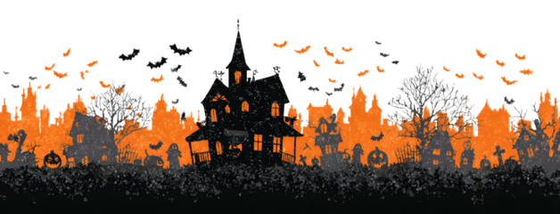 Horizontal strip of haunted house silhouette, bats, pumpkins, and ghosts, isolated on white