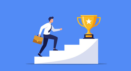 Business success concept: professional climbing steps towards a trophy