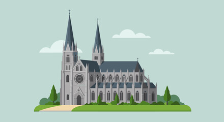 Obraz premium Gothic cathedral architecture with greenery and clear sky in modern flat design