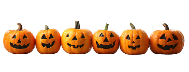 Horizontal strip of jack-o-lanterns with unique facial carvings, isolated on white