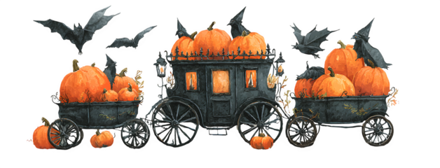Wide banner with pumpkins inside carriages pulled by bats, isolated on white