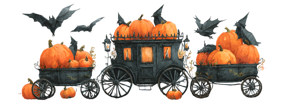 Wide banner with pumpkins inside carriages pulled by bats, isolated on white