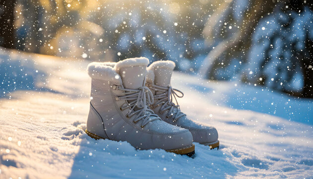 Ultra realistic white snow boots in winter snowfall with sunlight cinematic