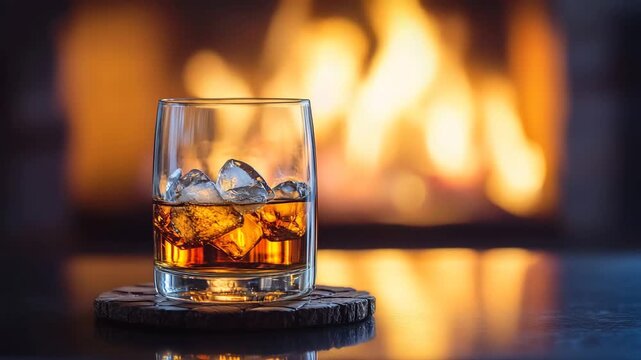 Glass of whiskey with ice in front of a warm fireplace 4k video
