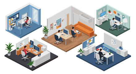 Obraz premium Isometric office interiors with people working at desks in modern workspace designs