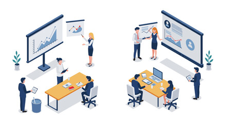 Busy office scene with team collaboration and data presentation in isometric style