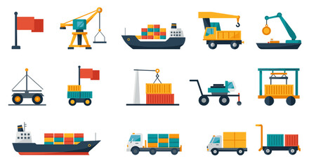 Shipping and cargo equipment icons in modern flat design for maritime logistics and transportation