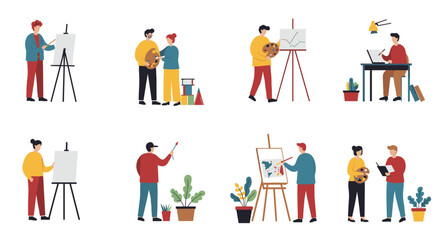 Naklejka premium Creative people painting and collaborating in minimalist art studio scene