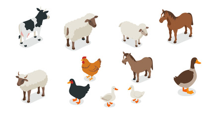 Isometric farm animals with shadow effects for agriculture design