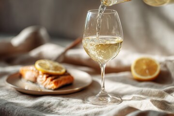Culinary Harmony: A pristine glass of white wine is poured, poised beside a plate holding grilled salmon and a slice of lemon, capturing the essence of gastronomic pleasure.