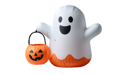 Inflatable ghost with pumpkin bucket prop, isolated on white background