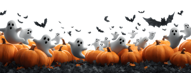 Wide composition of ghosts popping out of pumpkins, bats flying above, isolated on white