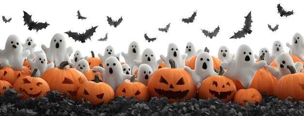 Wide composition of ghosts popping out of pumpkins, bats flying above, isolated on white