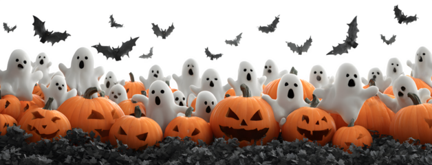Wide composition of ghosts popping out of pumpkins, bats flying above, isolated on white