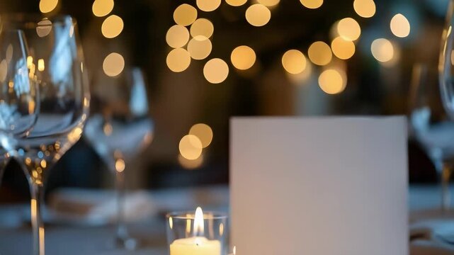 A candlelit dinner table with empty wine glasses, warm bokeh lights, and a blank place card.