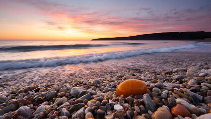 Obraz premium Sunset over pebble beach with gentle waves creating a peaceful and serene scene near coast