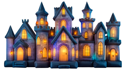Inflatable haunted house yard decoration with glowing windows, isolated on white background