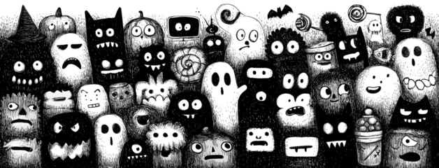 Wide doodle collection of cartoon monsters, pumpkins, candy, ghosts, and bats, isolated on white