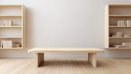 Empty light wood table, bookshelves against white wall