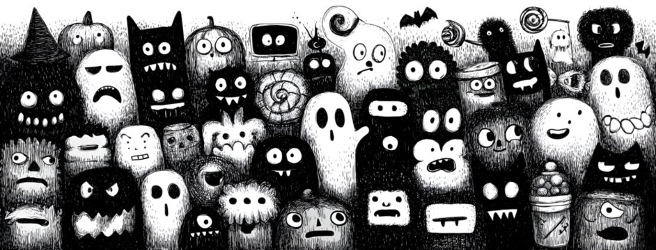 Wide doodle collection of cartoon monsters, pumpkins, candy, ghosts, and bats, isolated on white