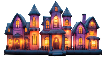 Inflatable haunted house yard decoration with glowing windows, isolated on white background