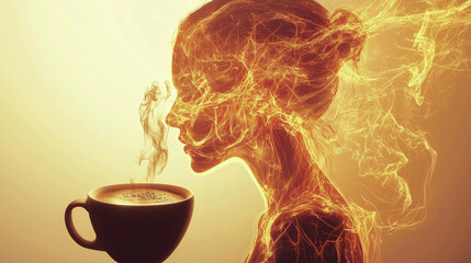 Coffee steam blends with silhouette of a woman enjoying a warm beverage