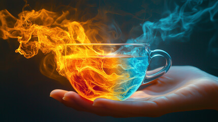 Hand holding a glass cup with contrasting hot and cold drinks