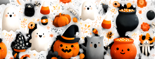 Wide doodle pattern featuring ghosts, candy corn, witches cauldrons, and jack-o-lanterns, isolated on white
