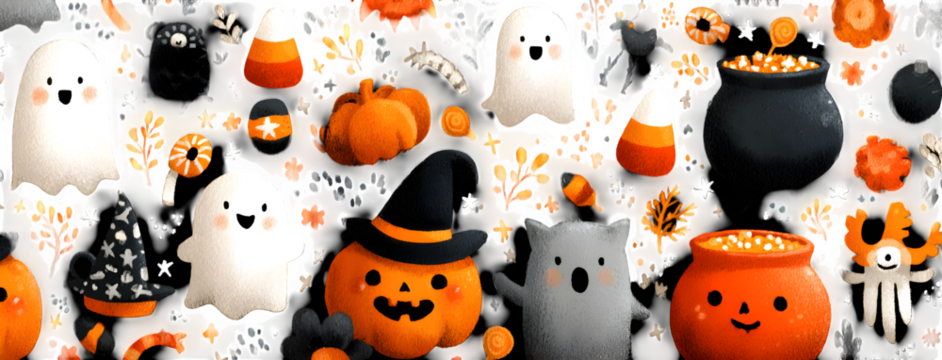 Wide doodle pattern featuring ghosts, candy corn, witches cauldrons, and jack-o-lanterns, isolated on white