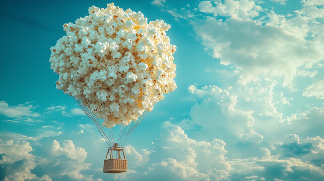 Hot air balloon made of popcorn floating in a blue sky with clouds